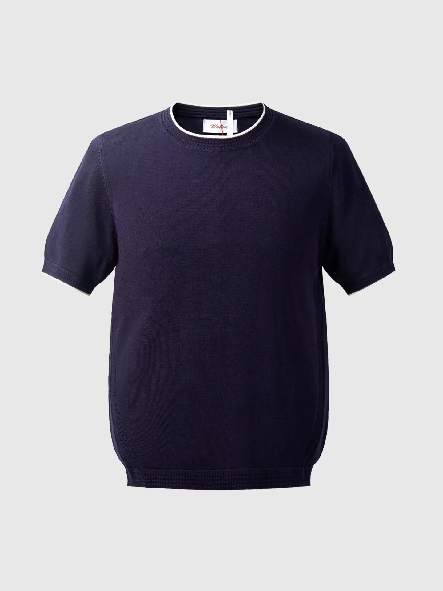 Style No. D 07 Old Money Style Series Contrast Color Round Neck Knitted Short Sleeves Fabric composition, please see picture 9 for details Size: S M L XL Color: Navy Blue